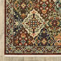 Photo of Red Rust Navy Light Blue Brown Orange Ivory And Gold Oriental Power Loom Stain Resistant Runner Rug With Fringe