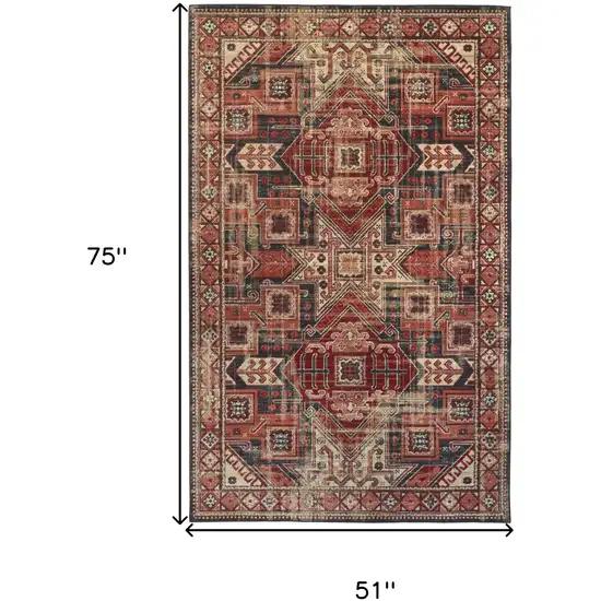 Red Tan And Black Abstract Power Loom Distressed Stain Resistant Area Rug Photo 1