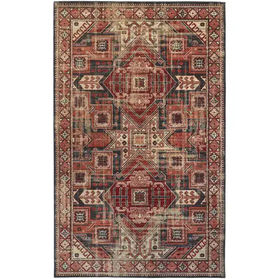 Red Tan And Black Abstract Power Loom Distressed Stain Resistant Area Rug Photo 3