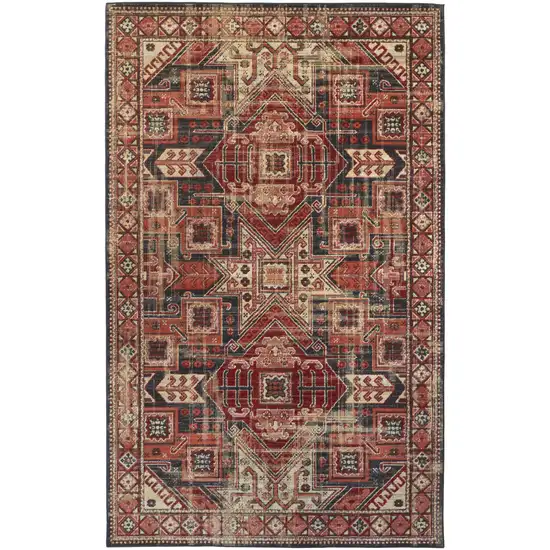 Red Tan And Black Abstract Power Loom Distressed Stain Resistant Area Rug Photo 4