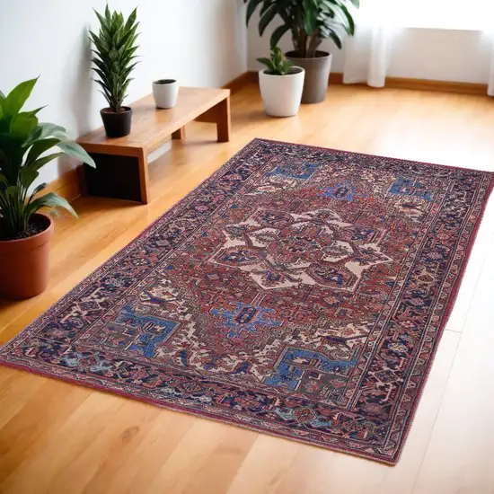 Red Tan And Blue Floral Power Loom Area Rug Photo 1