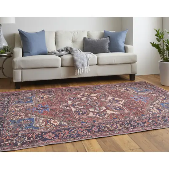 Red Tan And Blue Floral Power Loom Area Rug Photo 5