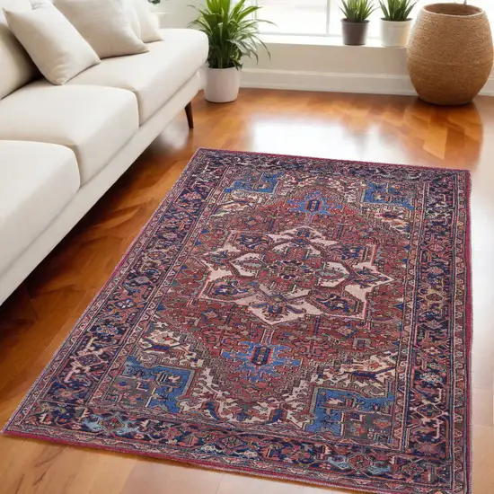 Red Tan And Blue Floral Power Loom Area Rug Photo 1