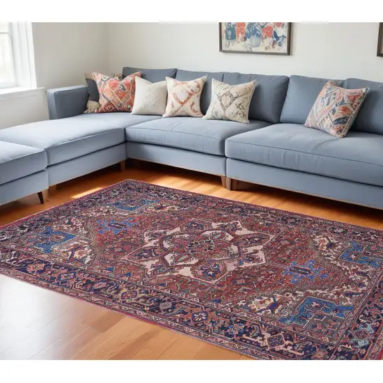 Red Tan And Blue Floral Power Loom Area Rug Photo 1