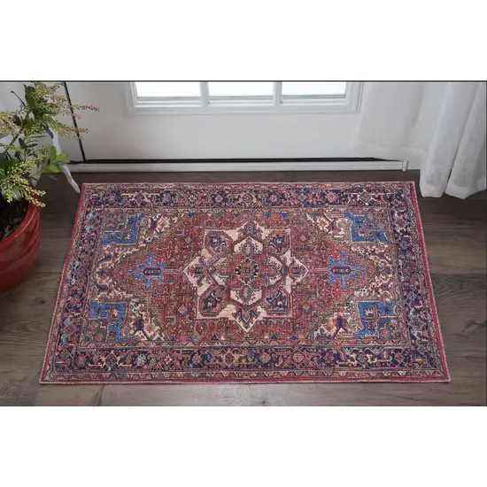 Red Tan And Blue Floral Power Loom Area Rug Photo 1