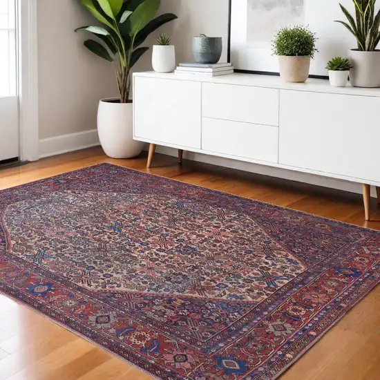 Red Tan And Blue Floral Power Loom Area Rug Photo 1