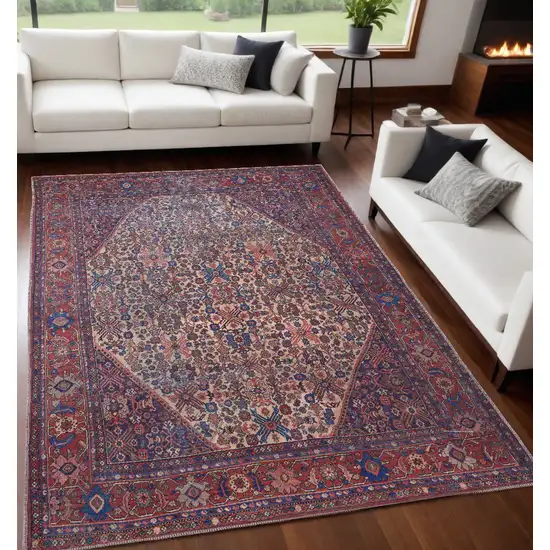 Red Tan And Blue Floral Power Loom Area Rug Photo 1