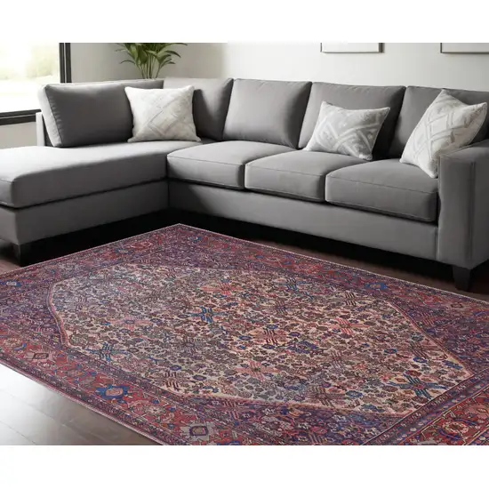 Red Tan And Blue Floral Power Loom Area Rug Photo 1