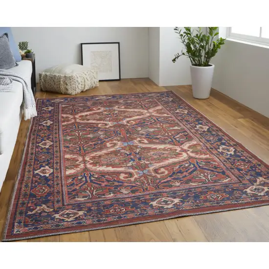 Red Tan And Blue Floral Power Loom Area Rug Photo 6