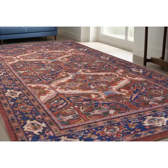 Red Tan And Blue Floral Power Loom Area Rug Photo 1