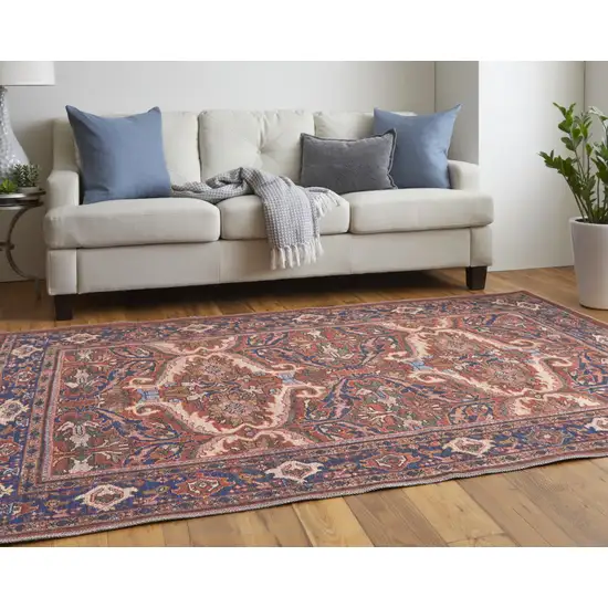 Red Tan And Blue Floral Power Loom Area Rug Photo 8