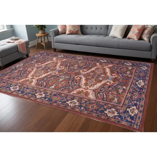 Red Tan And Blue Floral Power Loom Area Rug Photo 1