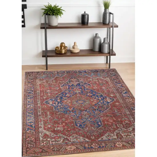 Red Tan And Blue Floral Power Loom Area Rug Photo 1