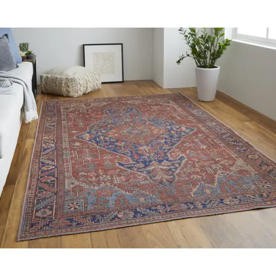 Red Tan And Blue Floral Power Loom Area Rug Photo 2