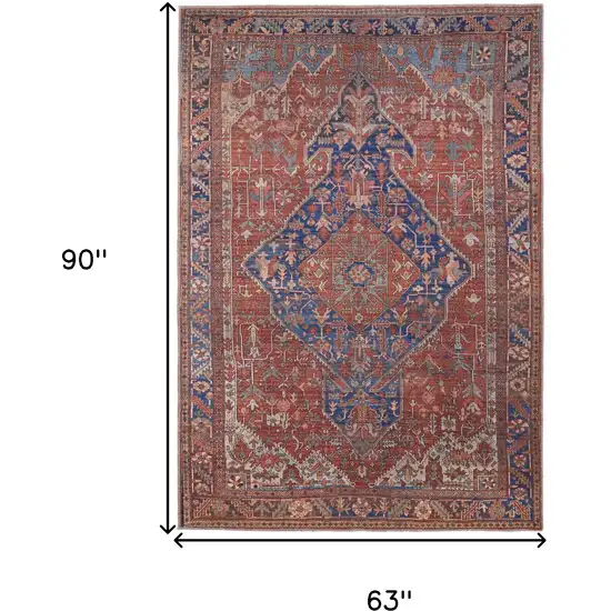 Red Tan And Blue Floral Power Loom Area Rug Photo 4