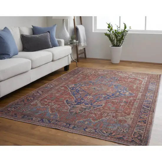 Red Tan And Blue Floral Power Loom Area Rug Photo 3