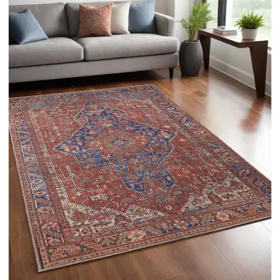 Red Tan And Blue Floral Power Loom Area Rug Photo 1