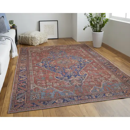 Red Tan And Blue Floral Power Loom Area Rug Photo 7