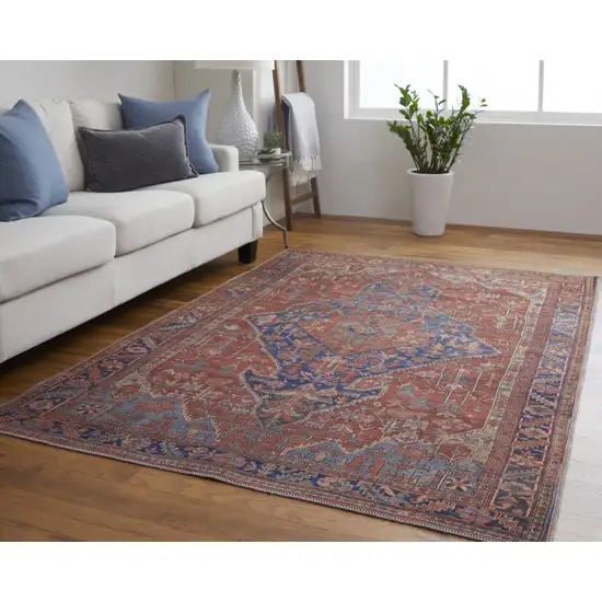 Red Tan And Blue Floral Power Loom Area Rug Photo 8