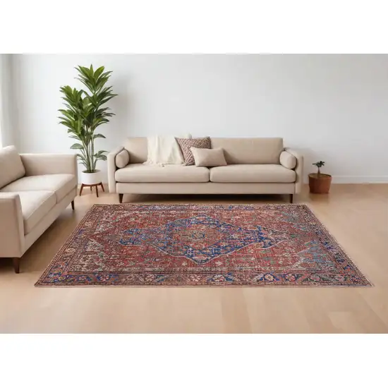 Red Tan And Blue Floral Power Loom Area Rug Photo 1