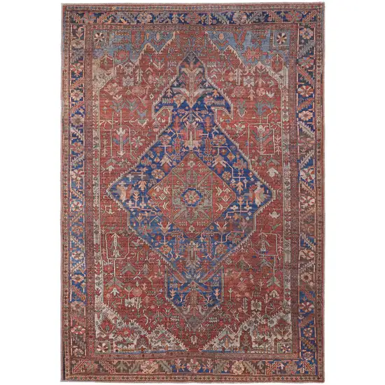 Red Tan And Blue Floral Power Loom Area Rug Photo 1