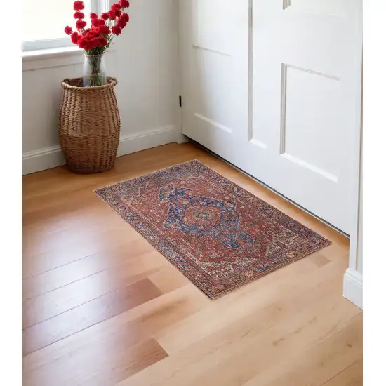 Red Tan And Blue Floral Power Loom Area Rug Photo 1