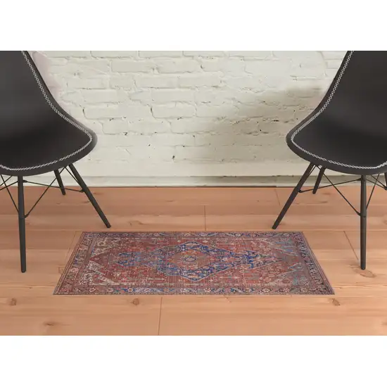 Red Tan And Blue Floral Power Loom Area Rug Photo 2