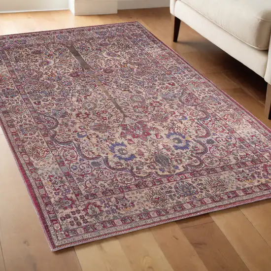Red Tan And Pink Floral Power Loom Area Rug Photo 1