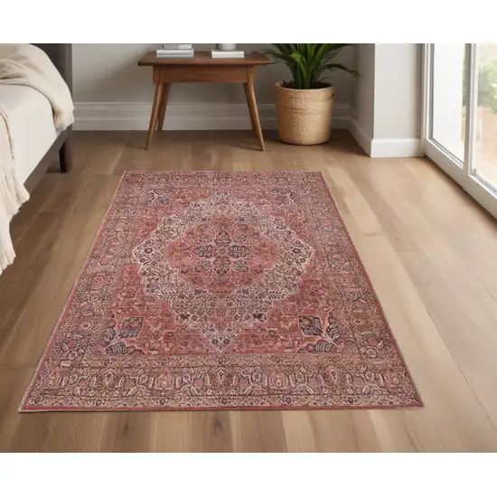 Red Tan And Pink Floral Power Loom Area Rug Photo 1