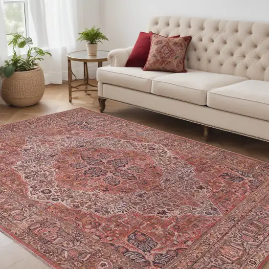 Red Tan And Pink Floral Power Loom Area Rug Photo 1