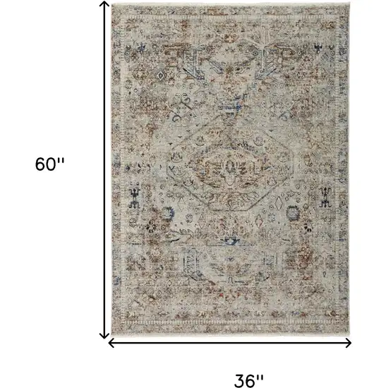 Red Tan and Blue Oriental Power Loom Worn Faded Area Rug With Fringe Photo 3