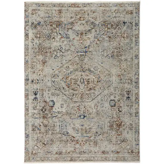 Red Tan and Blue Oriental Power Loom Worn Faded Area Rug With Fringe Photo 2