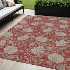 Photo of Red Taupe And Beige Floral Washable Indoor Outdoor Area Rug