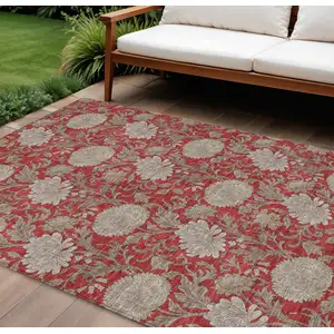 Photo of Red Taupe And Beige Floral Washable Indoor Outdoor Area Rug