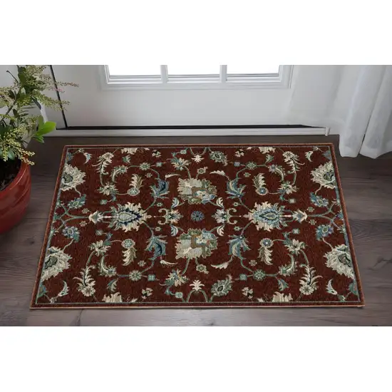 Red Teal And Green Oriental Area Rug With Fringe Photo 1