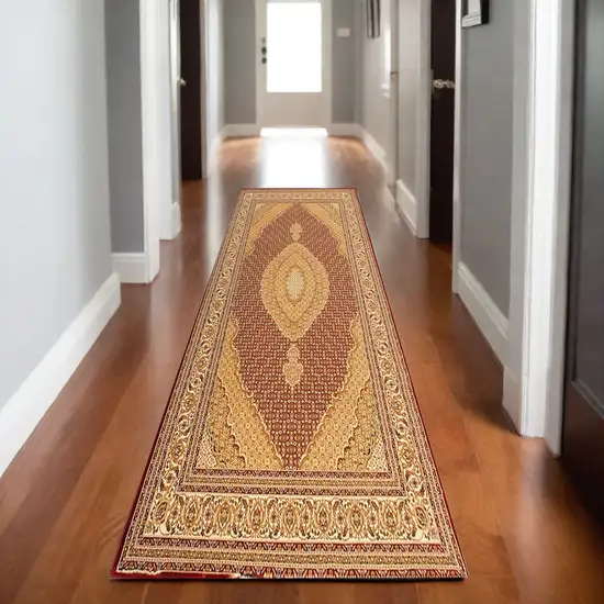 Red and Beige Oriental Power Loom Runner Rug Photo 1