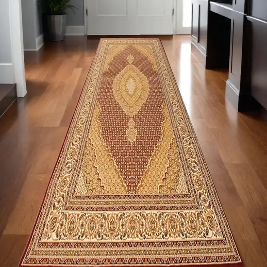 Red and Beige Oriental Power Loom Runner Rug Photo 1