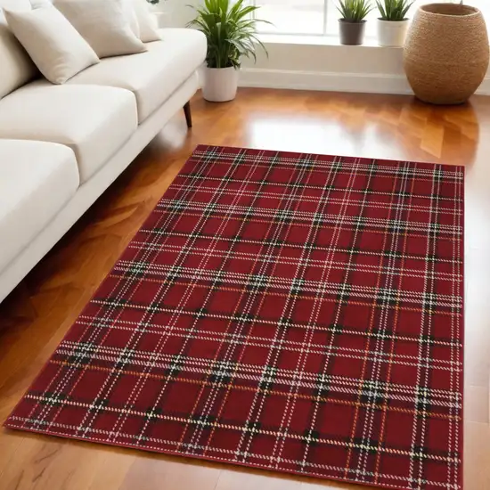 Red and Black Plaid Power Loom Area Rug Photo 1