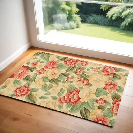 Red and Cream Botanical Leaves Hand Carved Handmade Area Rug Photo 2