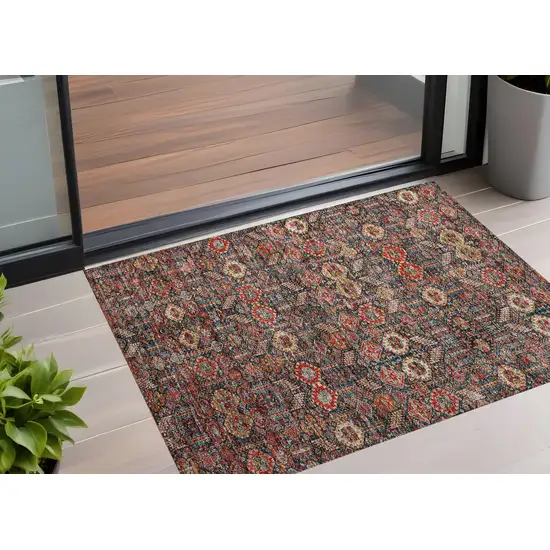 Red and Dark Blue Floral Washable Non Skid Indoor Outdoor Area Rug Photo 1