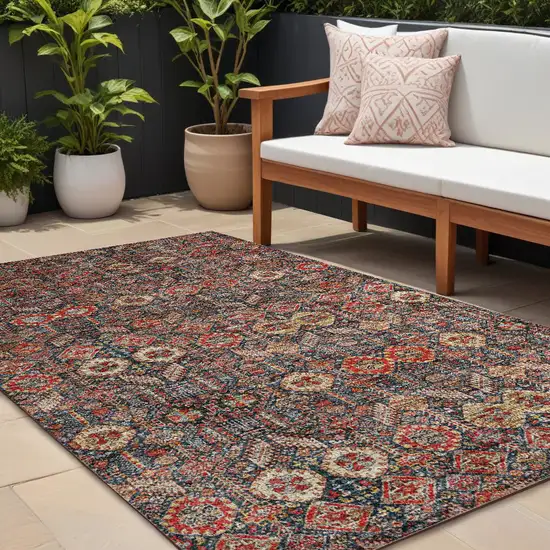 Red and Dark Blue Floral Washable Non Skid Indoor Outdoor Area Rug Photo 1