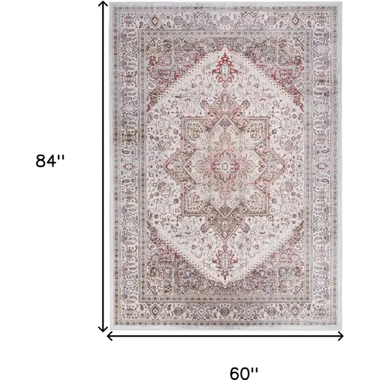 Red and Ivory Floral Medallion Distressed Non Skid Area Rug Photo 3