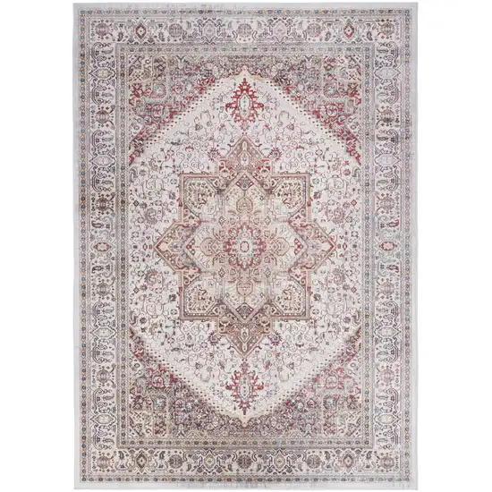 Red and Ivory Floral Medallion Distressed Non Skid Area Rug Photo 2