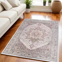 Photo of Red and Ivory Floral Medallion Distressed Non Skid Area Rug