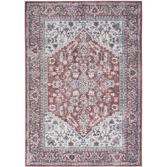 Red and Ivory Floral Medallion Power Loom Distressed Area Rug Photo 2