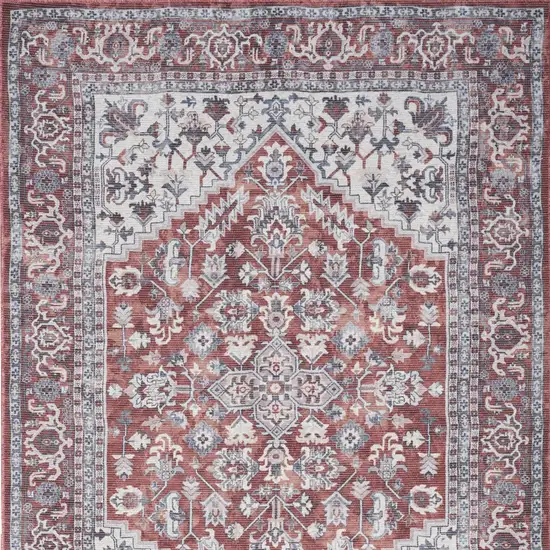 Red and Ivory Floral Medallion Power Loom Distressed Area Rug Photo 9