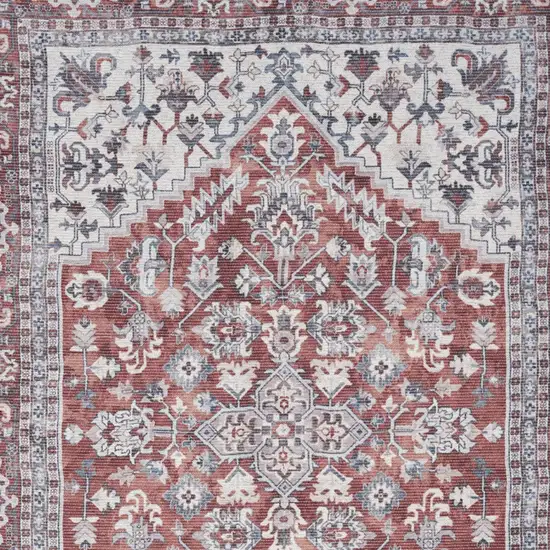 Red and Ivory Floral Medallion Power Loom Distressed Area Rug Photo 8