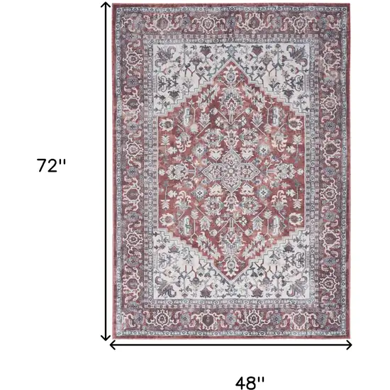 Red and Ivory Floral Medallion Power Loom Distressed Area Rug Photo 3