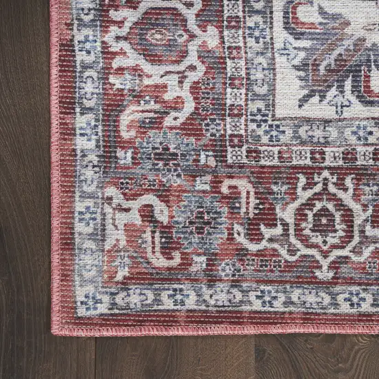 Red and Ivory Floral Medallion Power Loom Distressed Area Rug Photo 4