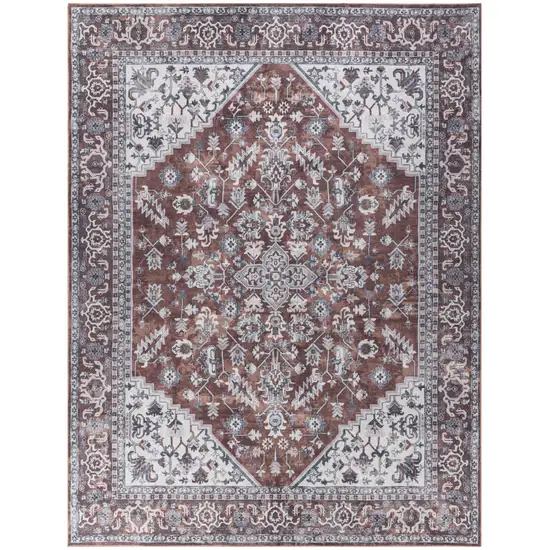 Red and Ivory Floral Power Loom Distressed Washable Area Rug Photo 1